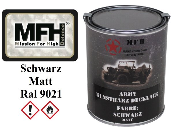 MFH Outdoorlack - Armylack - Kunstharz Decklack - Schwarz - Matt - RAL9021 - ca. 1 Liter Dose