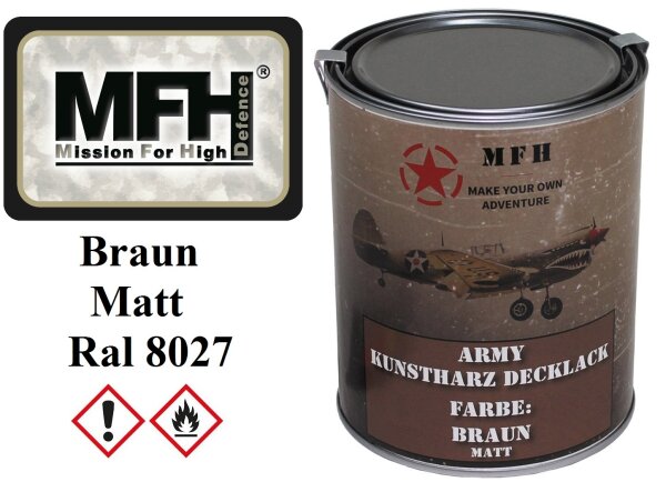 MFH Outdoorlack - Armylack - Kunstharz Decklack - BW Braun - Matt - RAL8027 - ca. 1 Liter Dose