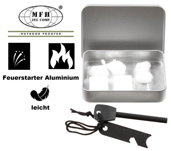 Feuerstarter - Set in Metallbox - Zündstein - Brennstofftabletten und Wattezunder - Feuerstahl aus Aluminium und Schaber