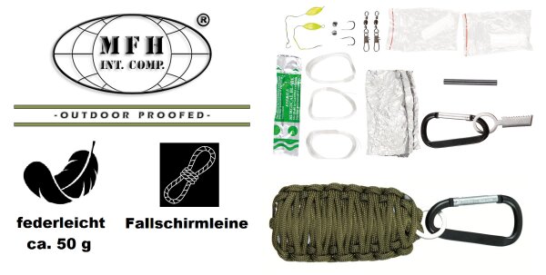 Survival Set "Parachute Cord" - Fallschirmleine, Angelset, Feuerstarter, Skalpell,... - Oliv