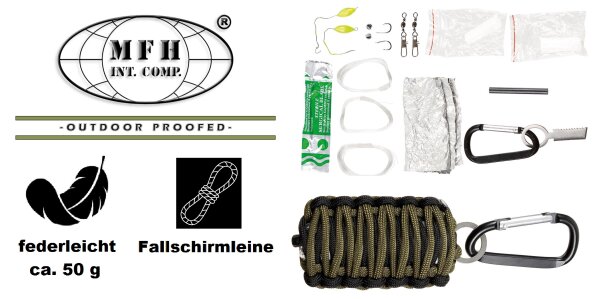 Survival Set "Parachute Cord" - Fallschirmleine, Angelset, Feuerstarter, Skalpell,... - Schwarz / Oliv