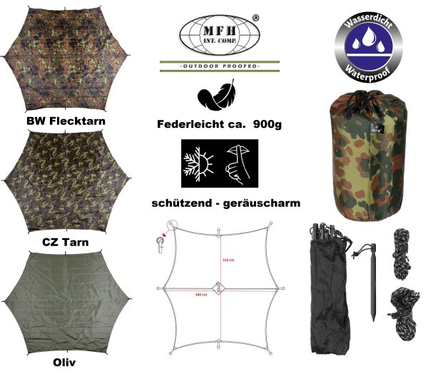 Multifunktions - Zelt - Plane "Hexagon-Tarp" - Wasserdicht - Transporttasche - Spannseile - Heringe