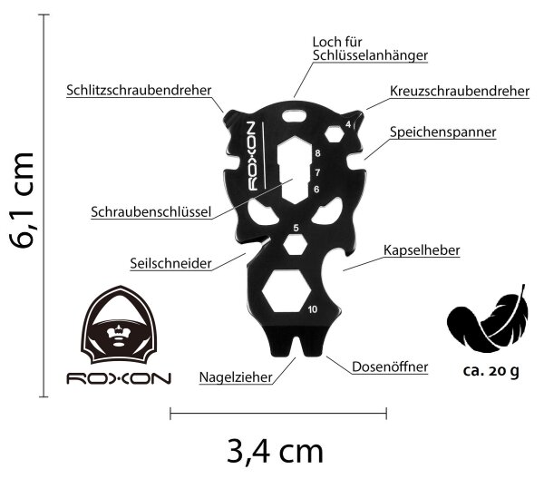 Roxon Multifunktions-Survival-Tool - 9 Funktionen - Totenkopf – Kreditkartentool - Edelstahl - 6,2 x 3,5 x 0,2 cm - 20 g