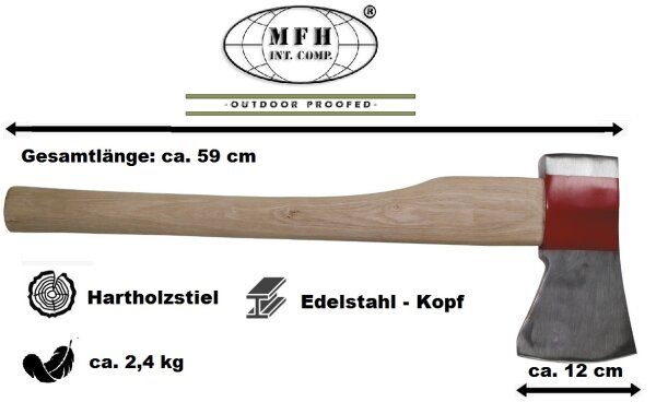 Axt - Groß – Hartholz Stiel - gehärteter Stahl - ca. 59 cm