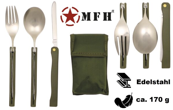 Essbesteck Set - Camping - Leicht - Edelstahl / Metall verchromt - 4teilig - Messer, Gabel und Löffel, Nylonetui