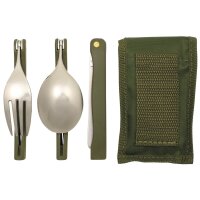 Essbesteck Set - Camping - Leicht - Edelstahl / Metall verchromt - 4teilig - Messer, Gabel und Löffel, Nylonetui