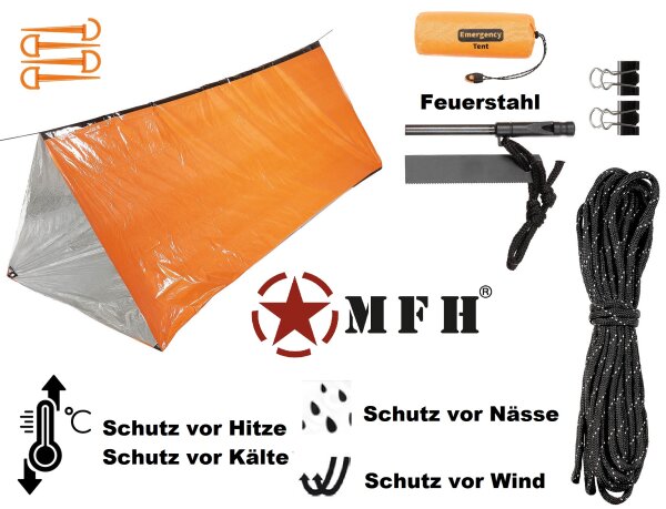 Notfall - Zeltset - Orange - schützt vor Kälte, Nässe, Wind und Hitze - sehr kompakt & leicht