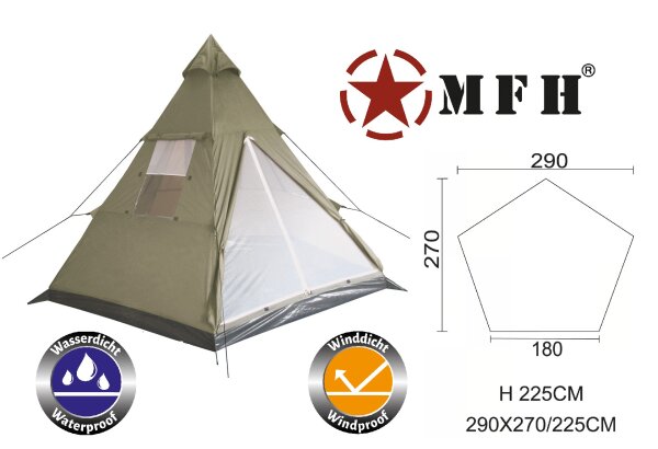 Indianer Zelt "Tipi" - Moskitonetz - Mittelmast Gestänge aus 22 mm Metall - Sehr Stabil - 1200mm Wassersäule - Kompakt