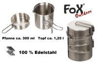 Kochgeschirr - Topf (1,25l) + Pfanne (300ml)  - 100 % Edelstahl - ca. 420 g -geruchs- und geschmacksneutral -  ineinander stapelbar