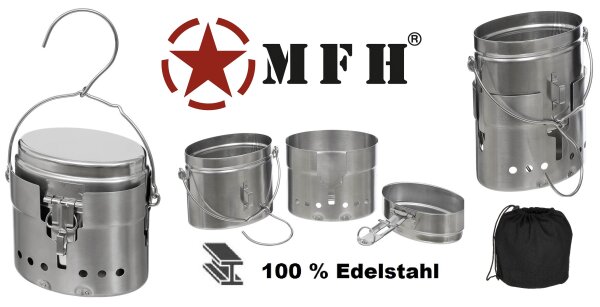 Schwedisches Kochset - M40 - 3 teilig - 100 % Edelstahl - Topf ca. 1,5l - Pfanne ca. 600ml - Windschutz - Canvasbeutel