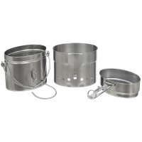 Schwedisches Kochset - M40 - 3 teilig - 100 % Edelstahl - Topf ca. 1,5l - Pfanne ca. 600ml - Windschutz - Canvasbeutel