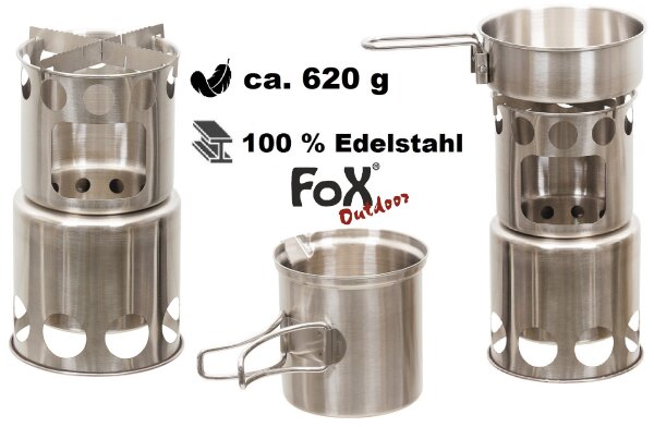 Kochset "Travel" - 5 tlg. - 100 % Edelstahl - ca. 620 g - Pfanne ca. 300ml - Topf ca. 1,25l - Kocher - Topfständer - stapelbar