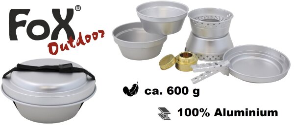 Kocherset "Premium" - Kochgeschirr - 7 tlg. - 100% Aluminium - ca. 600g - Topf 1,5l & 1l, Pfanne 600ml, Griff, Gestell, Windschutz, Spirituskocher - inneinander stapelbar