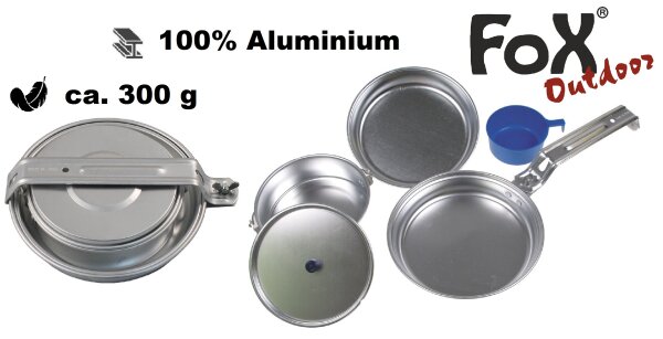 Kochgeschirr "Deluxe" - 5 tlg. - 100% Aluminium - ca. 600 g - Topf 350ml, Pfanne 500ml, Schüssel 350ml, Tasse 150 ml - ineinander stapelbar