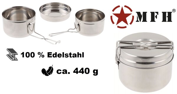 Tschechisches Kochgeschirr - 3 tlg. - 100% Edelstahl - ca. 440g - Topf 1,2l, Topf 0,8l, Deckel 0,4l - ineinander stapelbar