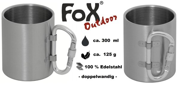 Tasse - Outdoorbecher - 100 % Edelstahl - ca. 300 ml - Doppelwandig - ca. 125 g - Karabiner - Klapphenkel - Isolierend