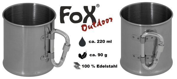 Tasse - Outdoorbecher - 100 % Edelstahl - ca. 220 ml – Einwandig - ca. 90 g - Karabiner - Klapphenkel