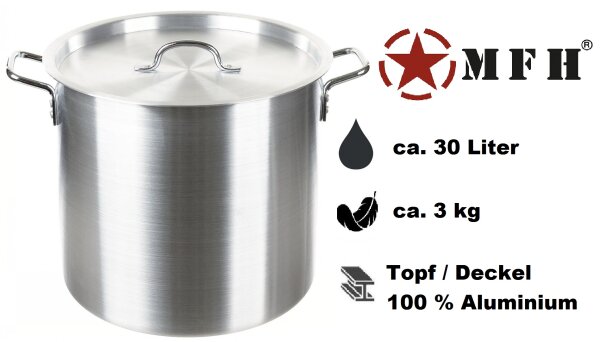 Kochtopf mit Deckel - ca. 30 Liter - 100 % Aluminium - ca. 3 kg - Griffe: 100 % Metall verchromt, genietet