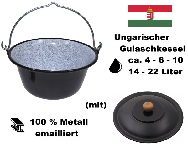 Ungarischer Gulaschkessel / Deckel - 100 % Metall emailliert - Klappbarer Henkel - Verschiedene Varianten