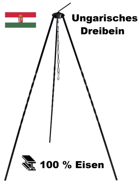 Ungarisches Dreibein - ca. 1 Meter Beinlänge - mit Kette und Haken - Aufstellhöhe variabel - 100 % Eisen