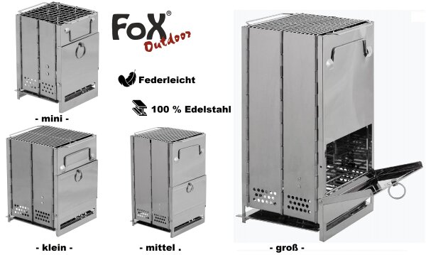 Raketenofen - mit Rost - 100 % Edelstahl - Faltbar - für alle Festbrennstoffe - zerlegbar - kompakt verstaubar