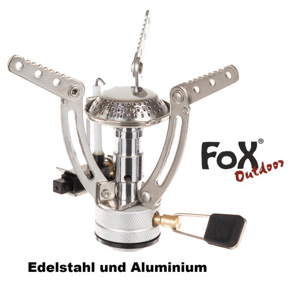 Gaskocher klappbar - Groß - Edelstahl Brenner mit Aluminium-Ventil - besonders leicht ca. 115 g