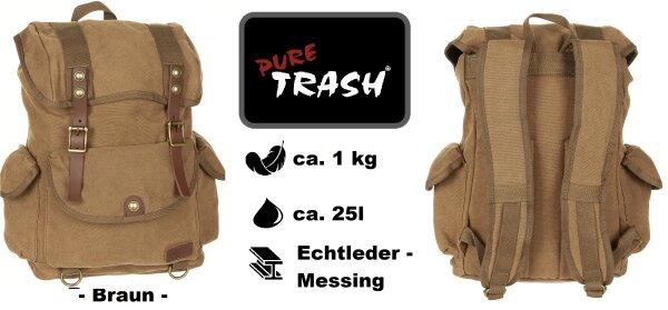 Rucksack Canvas "PureTrash" - ca. 25 Liter - Echtleder- und Messingaccessoire - Braun -  ca. 1 kg - ca. 33 x 42 x 20 cm