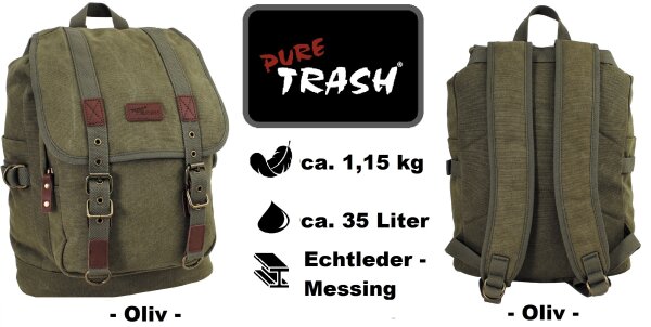 Rucksack Canvas "PureTrash" - ca. 35 Liter - Echtleder- und Messingaccessoire - Oliv - ca. 1,15 kg - ca. 32 x 46 x 25 cm