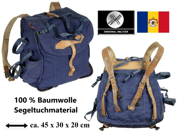 Rumänischer Rucksack - ca. 30 Liter - Blau -  ca. 45 x 30 x 20 cm -- 100 % Baumwolle - Neuwertig - Original Militär