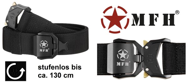 MFH Outdoor - Survivalgürtel "Quick Release" - ca. 3,7 cm breit - Elastisch - Schwarz - besonders leicht bedienbares Sicherheitsschloss