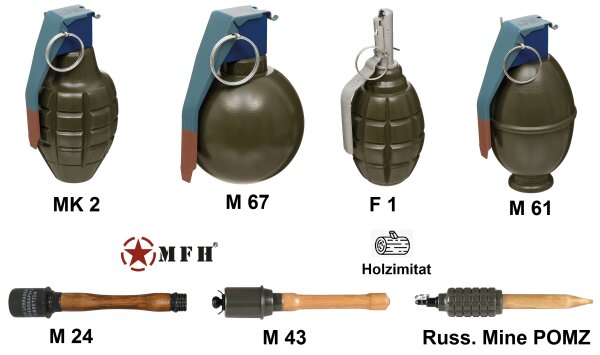 Holz Handgranate / Stielhandgranate - MK 2 / M 67 / F 1 / M 61 / M24 / M 43 / Russ. Mine - Deko