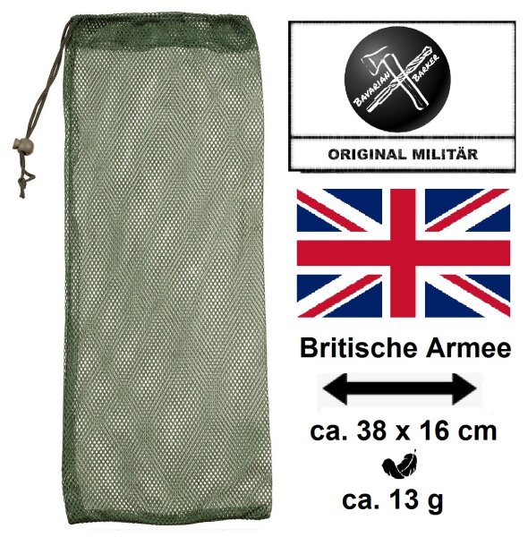 Britischer Netzbeutel - Packsack - oliv - ca. 38 x 16 cm - Kordelzug und Stopper - 100 % Nylon - Original Militär